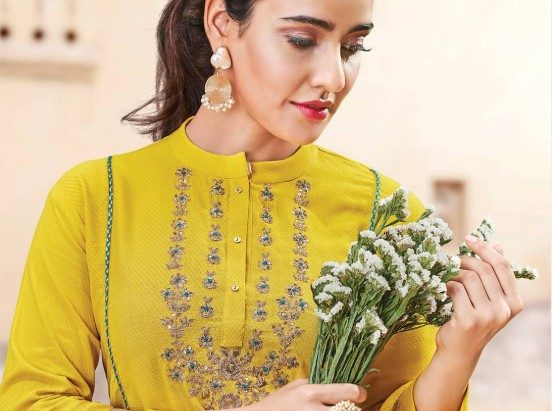 Yellow kurta embroidery detail